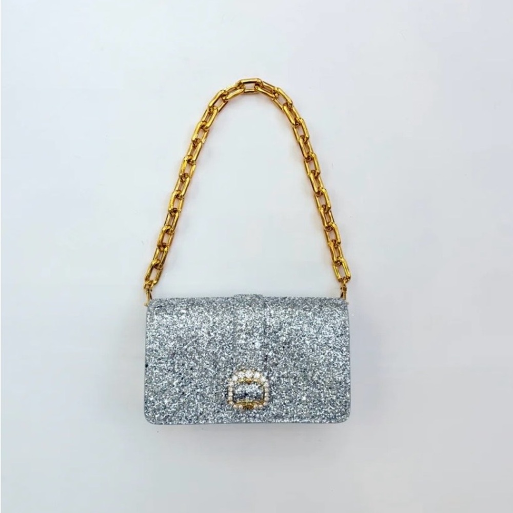 No. 21 Silver Sparkle Clutch with Gold Chain
